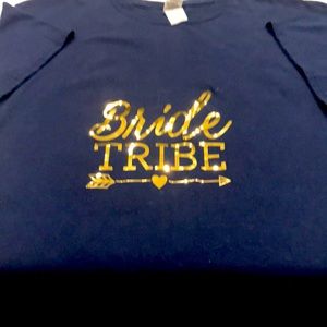 BRIDE TRIBE IN NAVY BLUE 100% cotton. GOLDEN WORDS ARE ON FRONT OF GILDAN SHIRT